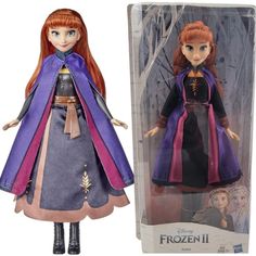 disney frozen 2 princess aurora doll with purple and blue dress, standing in front of the box