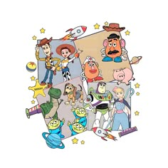 cartoon characters are grouped together in the shape of an open book with stars on it