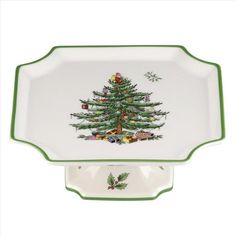 a white and green platter with a christmas tree on it