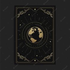 the earth is surrounded by clouds and stars on a black background with gold foil lettering