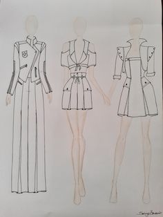 three sketches of women's dresses, one in blue and the other in white