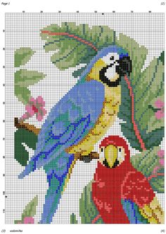 a blue and yellow parrot sitting on top of a tree branch next to a red bird