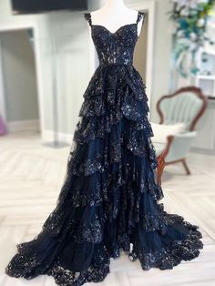 Navy Blue Prom Dress, Sequin Sleeve, Lace Layers, Blue Tulle, فستان سهرة, Custom Size Dresses, A Line Prom Dresses, Prom Dresses Lace, Prom Dresses Blue