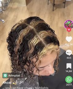 Two Streaks In Hair, Curly Striped Hair, Skunk Stripe Hair Dye Curly Hair, Skunk Hair Curly Short, Chunky Highlights For Curly Hair, Y2k Hair Color Curly, Skunk Stripes On Curly Hair, Curls Dyed Hair