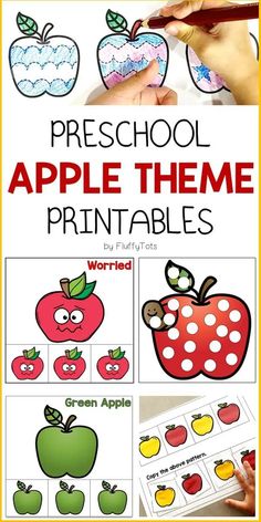 an apple theme is shown with the words preschool apple theme printables on it