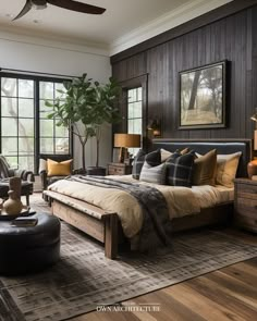 a bedroom with wood paneled walls and large windows