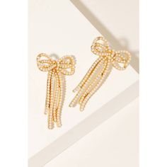 Rhinestone Pave Long Ribbon Bow Earrings - Pearl - 190 Jewelry Gold Ribbon Earrings For Party, Chic Rhinestone Earrings For Gift, Glamorous Evening Jewelry With Bow Detail, Glamorous Evening Jewelry With Bow, Gold Glamorous Jewelry With Bow, Glamorous Gold Jewelry With Bow, Chic Ribbon Earrings For Party, Chic Party Earrings With Ribbon, Elegant Evening Earrings With Ribbon