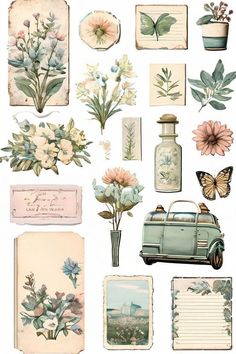 an assortment of flowers and vintage postcards on a white background, including a green car