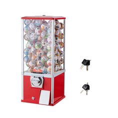 a red and white machine with lots of balls in it