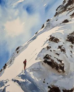 a painting of a man walking up the side of a snow covered mountain