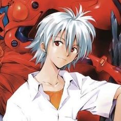 an anime character with white hair sitting in front of a red demon and another person