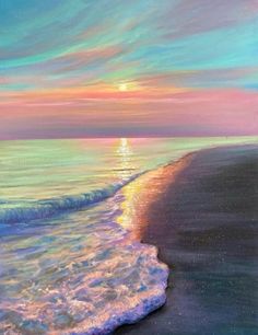 a painting of the sun setting over the ocean on a beach with waves coming in