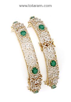 18 karat gold diamond kada for women with color stones - set of 2 (1pair)
  note : this item comes with a clip. so that you can open it and wear it directly on your wrist.
    note : minimum size : 2-4 & maximum size : 2-5.




enhance your style with these exquisite 18 karat gold diamond kada for women with color stones from totaram jewelers. made in india, this beautiful set of 2 kadas is sure to make a statement wherever you go.    featuring a total gross gold weight of 53.0 Traditional Bangle With Diamond Accents For Anniversary, Traditional Diamond Bangle With Diamond Accents, Traditional Anniversary Bangle With Diamond Accents, Traditional American Diamond Bangle For Anniversary, Formal Diamond Bangle With Stone Work, Elegant 22k Gold Bracelets With Stone Work, Diamond Bangle With Intricate Design In Yellow Gold, Diamond Bangle In Yellow Gold With Intricate Design, Yellow Gold Diamond Bangle With Intricate Design