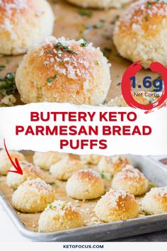 buttery keto parmesan bread puffs on a baking sheet with text overlay