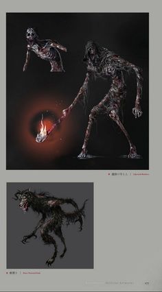 an image of some creepy creatures in different stages of creation, including a demonic creature and a demon