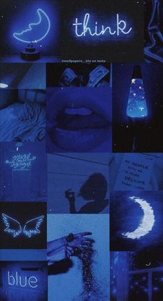 a collage of blue images with the words think