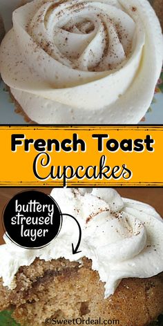 two different types of french toast cupcakes with whipped cream frosting on top