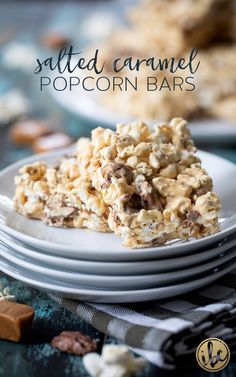 salted caramel popcorn bars stacked on plates