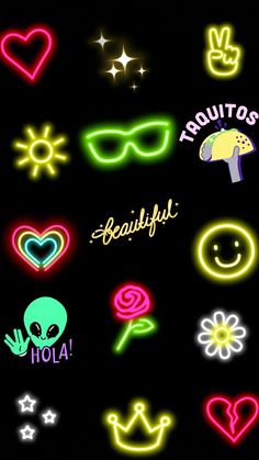 various neon stickers on a black background