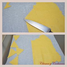 two pictures showing how to cut fabric with a large knife and cutting paper on the table