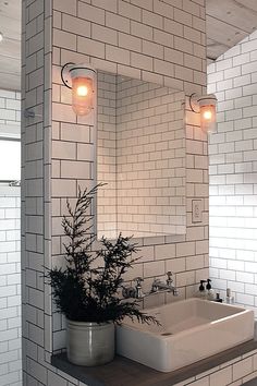 a bathroom with white tiles and a plant on the counter in front of the mirror