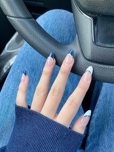 White And Navy Nails Acrylic, White With Navy Blue Nails, Blue French Tip With White Outline, Basic Nail Inspo Coffin, Dark And Light Blue French Nails, Simple Bday Nails Almond, Cool White French Tip Nails, Nails Inspo Blue And White, French Manicure With Navy Blue