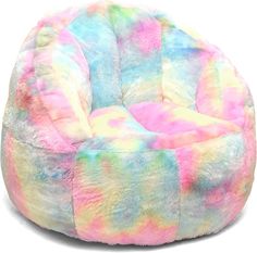 the rainbow colored bean bag chair is made from faux fur and has a large, round cushion