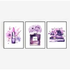 three paintings with perfumes and flowers on them, one in purple is the same color as