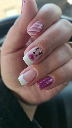 Pink and white gel nails with pink nose reindeer and candy cane Pink Candy Cane Nails, White Gel Nails, Candy Cane Nails, Cute Simple Nails, Christmas Candy Cane, Square Acrylic Nails, Pink Candy, Christmas Reindeer, Christmas Candy