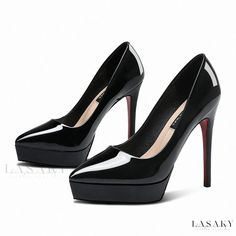 Lasaky - Sleek Pointed-Toe Patent Leather Waterproof Platform Single Shoe - Fashionably Minimalist Design Black Polyurethane Heels For Work, Black Heels For Work, Trendy Black Heels For Business, Trendy Black Business Heels, Sleek Black Faux Leather Heels, Hot Heels, Wedges Style, Super High Heels, Shoes Heels Wedges