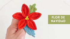 a hand holding a crocheted poinsettia with the words flor de navidad on it