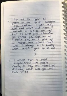 a handwritten note on lined paper that says i'm not the type of person to give up on someone