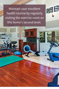 a home gym with exercise equipment and yoga mats