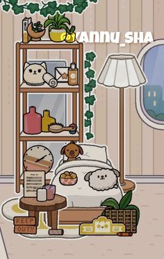 an animated image of a bed in a room with plants and other items on the shelves