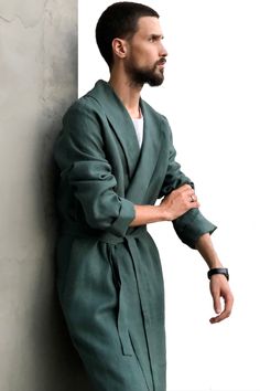 Green Dressing, Mens Robes, Robe For Men, Eco Clothing, Men's Robes, Linen Men