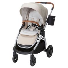 the baby stroller is grey and has a wooden handle on it's side