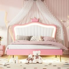 a bedroom with pink furniture and white curtains on the window sill, teddy bear sitting in front of the bed