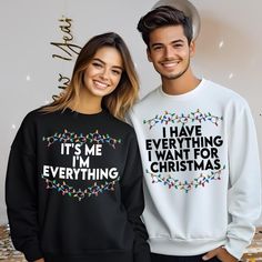 ✨ Celebrate love and laughter this season with our playful holiday sweatshirts! Perfect for couples, these designs say it all: "It's Me, I'm Everything" and "I Have Everything I Want for Christmas." With colorful holiday lights adding a festive touch, these cozy sweatshirts are ideal for holiday parties, photos, or simply spreading cheer together. Embrace the holiday magic in style and comfort! 🎄❤️ 🌟 Gildan Collection Gildan's high-quality sweatshirts are wardrobe essentials, combining comfort Cute Couple Christmas, Couples Matching Sweaters, I Have Everything I Want, Party Couple, Couple Tees, Couple Christmas, Christmas Matching, Matching Sweaters, Matching Sweatshirts