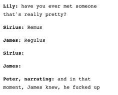 some type of text that is written in black on a white background with the words'billy have you ever met someone that's really pretty? sirius remus james regulus sirus