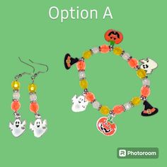 Orange, White, & Yellow Halloween Charm Bracelet & Earrings Jewelry Set Candy Corn Colors: Yellow, Orange, White Glow-In-The-Dark, & Silver Color Plastic Beads Ghosts, Pumpkins, & Witch Hats Enamel Charms 7" Stretch Bracelets Option A: Hypoallergenic, Nickel Free Silver Tone Ear Hooks Option B: Hypoallergenic, Nickel Free Silver Tone Hoops Handmade By Me! Price Is For One Set. If You Have Allergies To Certain Metals, Please Message Me, And I Can Change The Earring Hardware Out At No Extra Charge