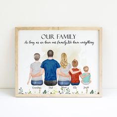 a wooden frame with the words our family on it and three people sitting next to each other