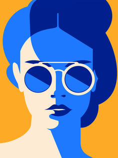 a woman with blue hair and round sunglasses on her face, in front of an orange background