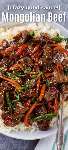 the beef and vegetable dish is served on top of rice