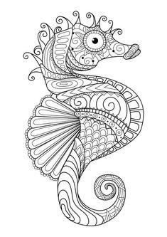 a seahorse with intricate patterns on it's body and tail, in black and white