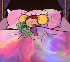 a cartoon character sleeping in bed with money