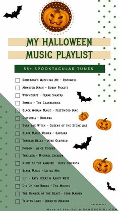 a halloween music playlist with pumpkins and bats on the front, in green