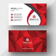 a red business card with an abstract design