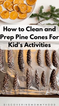 pine cones and oranges are on a baking sheet with text overlay that says how to clean and prep pine cones for kids'activities