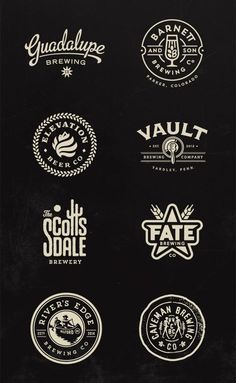 the logos for several different types of beer are shown in black and white, including one with