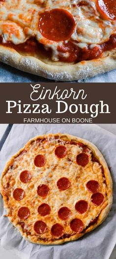 two different types of pizzas sitting on top of each other in front of the words, enjoyn pizza dough farmhouse on boom